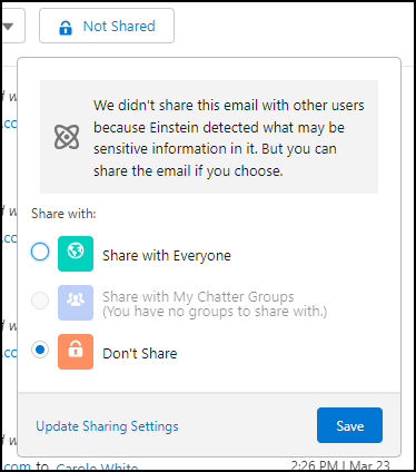 Email set to Don’t Share for sharing settings by Einstein Activity Captur