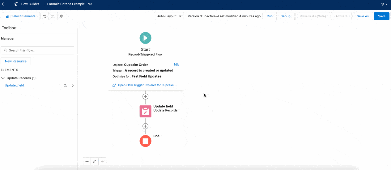 A record-triggered flow that uses the Formula editor as the entry criteria.