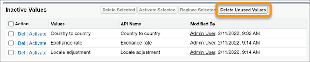 Image that highlights the Delete Unused Values button from the field definition page. 