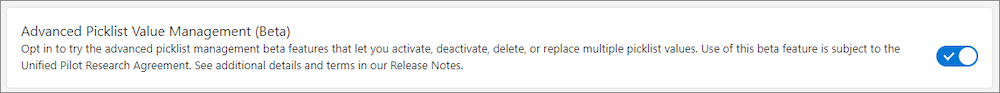 Image of a button that allows you to opt in for Advanced Picklist Value Management. 