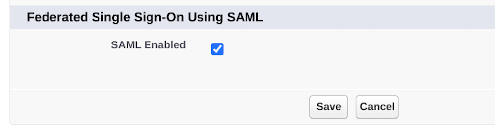 Federated Single Sign-On Using SAML page with SAML enabled.