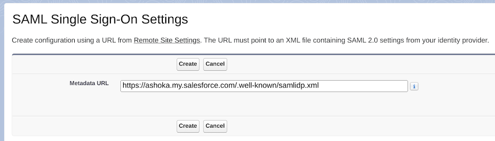 The SAML Single Sign-On Settings page with an example metadata URL provided.