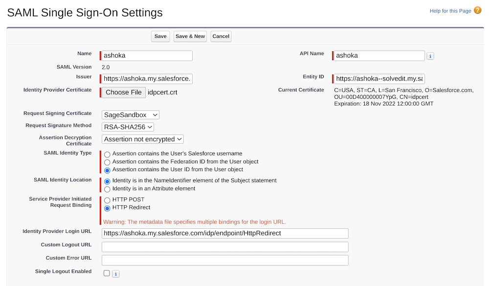 Configured SAML Single Sign-On Settings page.