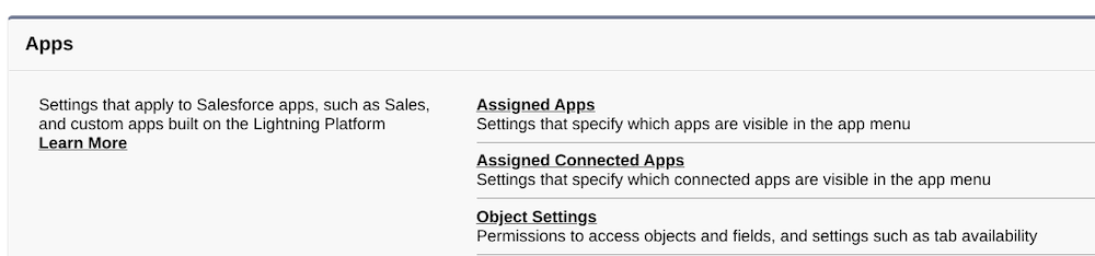 Apps section of the permission set setup.