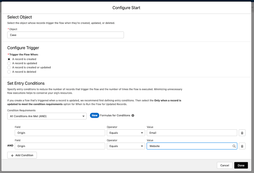 Start conditions for a new flow triggered for cases created with origin of email or website.