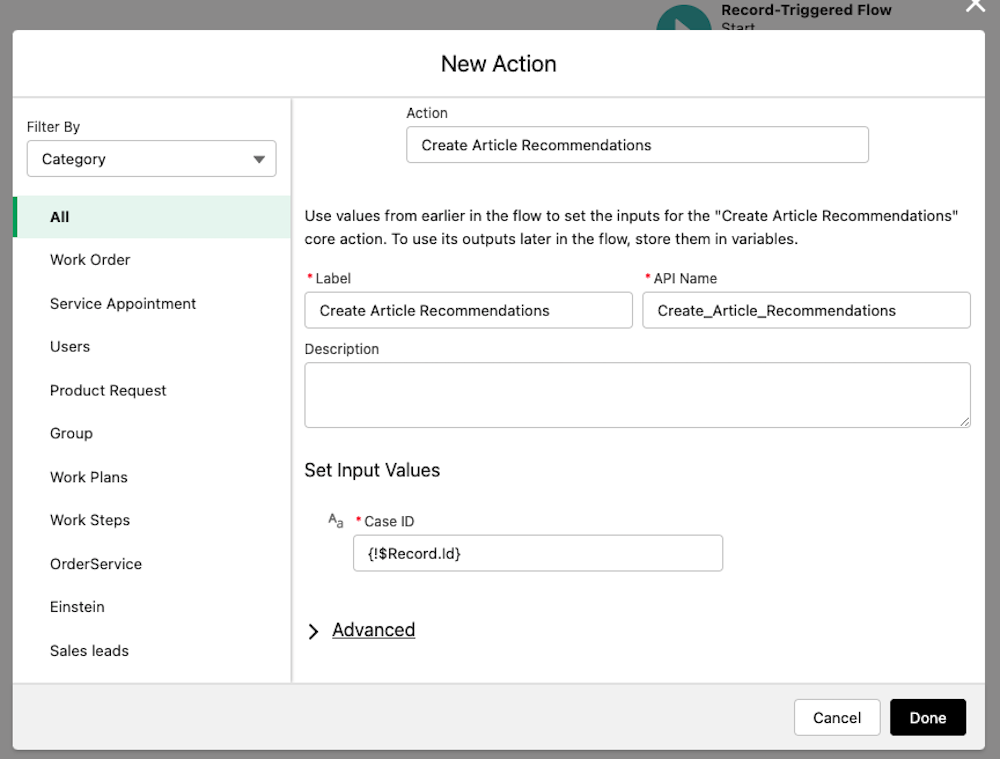 A Create Article Recommendations action with the Record ID as the input value.