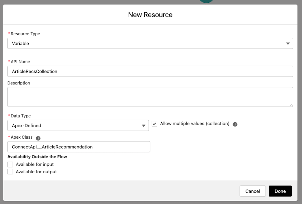 An Apex-defined variable to hold items from the Article Recommendations JSON output.