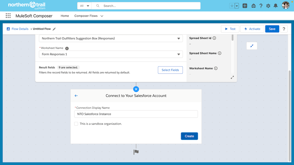 A screen with the Connection Display Name, which has been set to “NTO Salesforce Instance”.