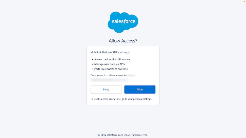 The Salesforce allow access screen for MuleSoft Platform STG.