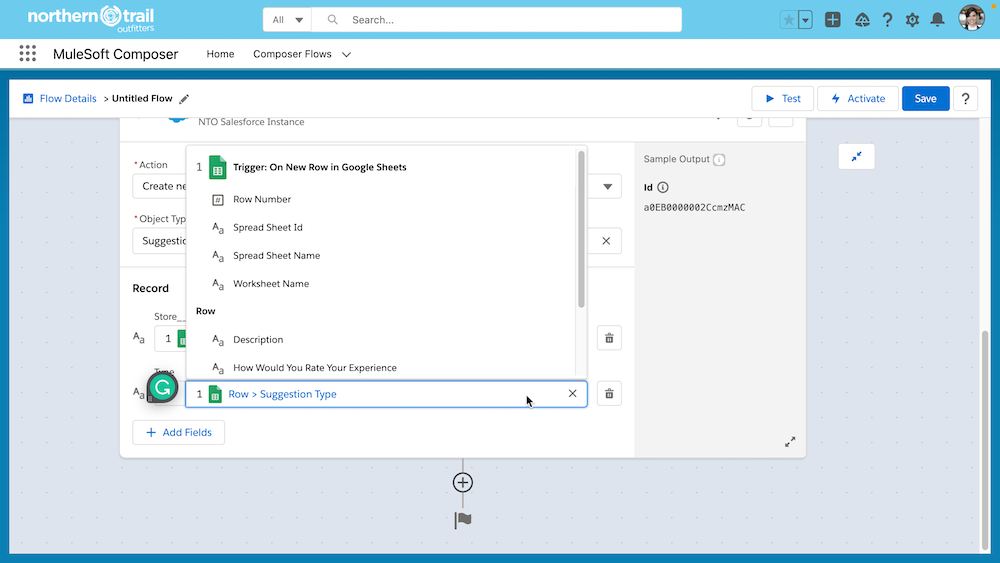 A screen showing the field mapping from Google Sheets columns to Salesforce fields.