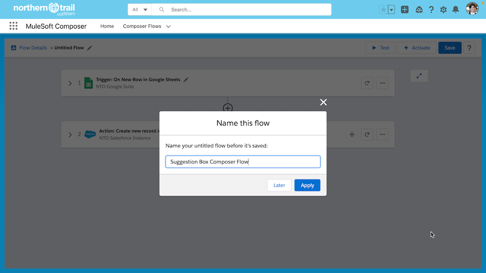 Name this flow dialogue window for the Suggestion Box Composer Flow.