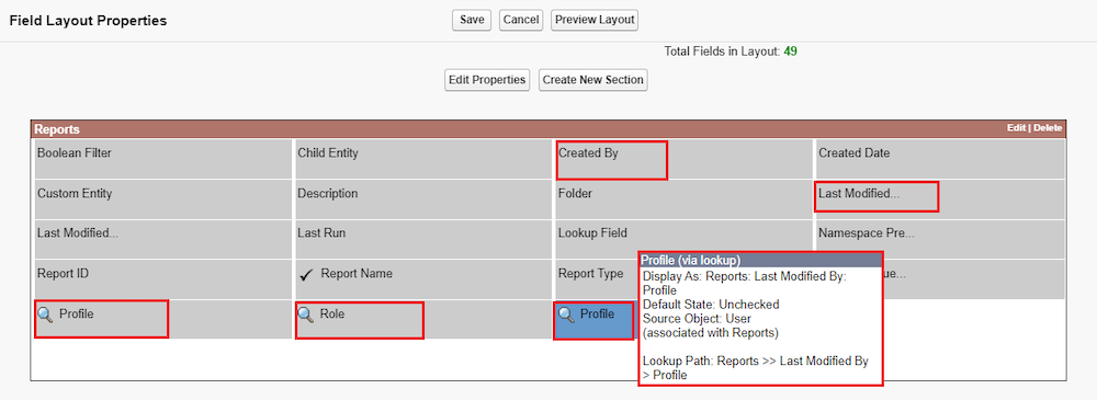 Report fields for Profile, Role, Created By, Last Modified, and Profile (via lookup) selected on the Field Layout Properties page.