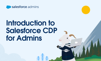 Cloudy holding a computer next to text that says, "Introduction to Salesforce CDP for Admins."