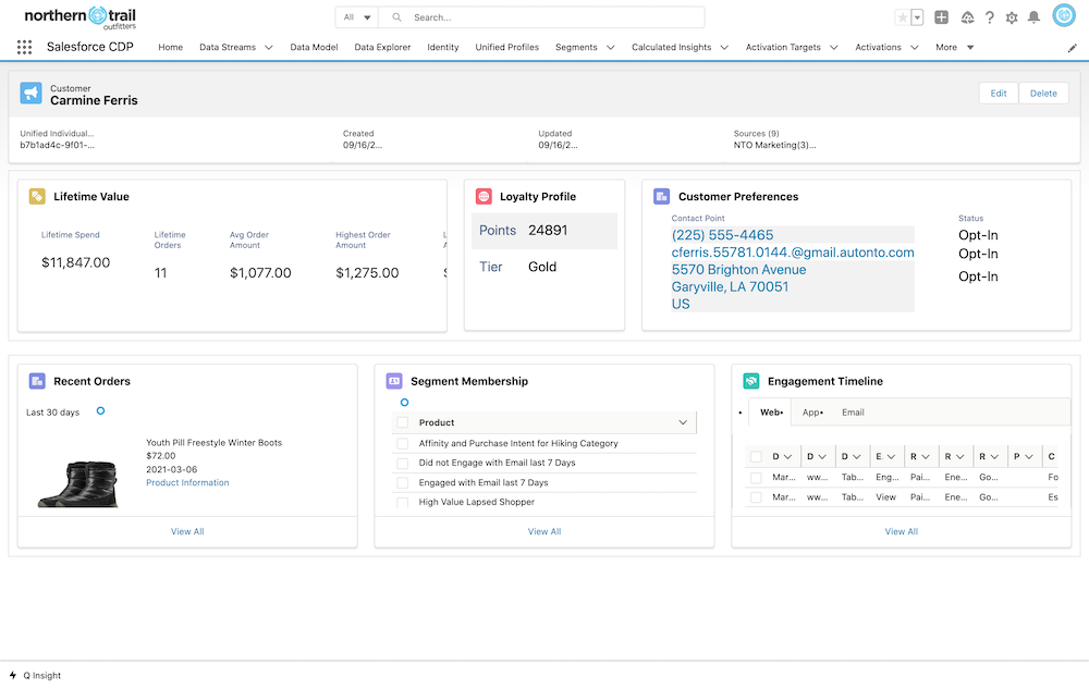 A unified customer profile showing lifetime value, loyalty profile, customer preferences, recent orders, segment membership, and engagement timeline.