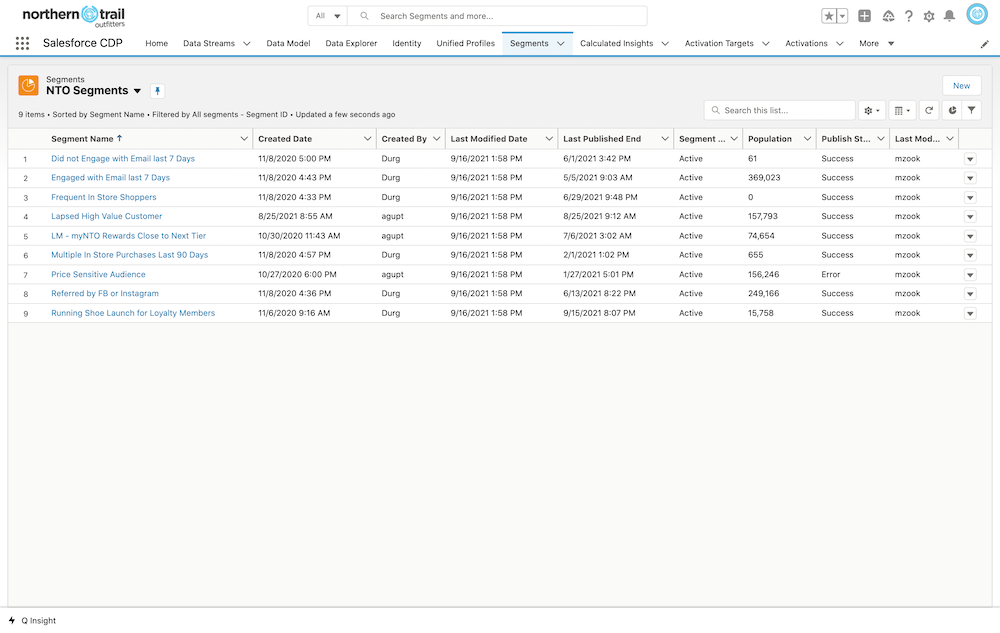 A list view of segment records on the Segment tab in Salesforce CDP.