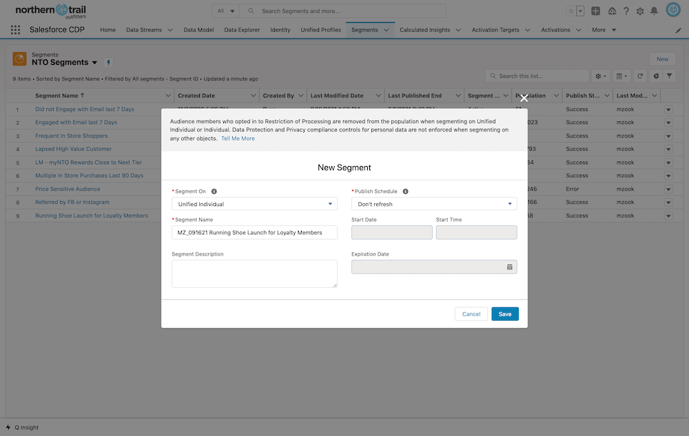 Configuring a new segment in Salesforce CDP.