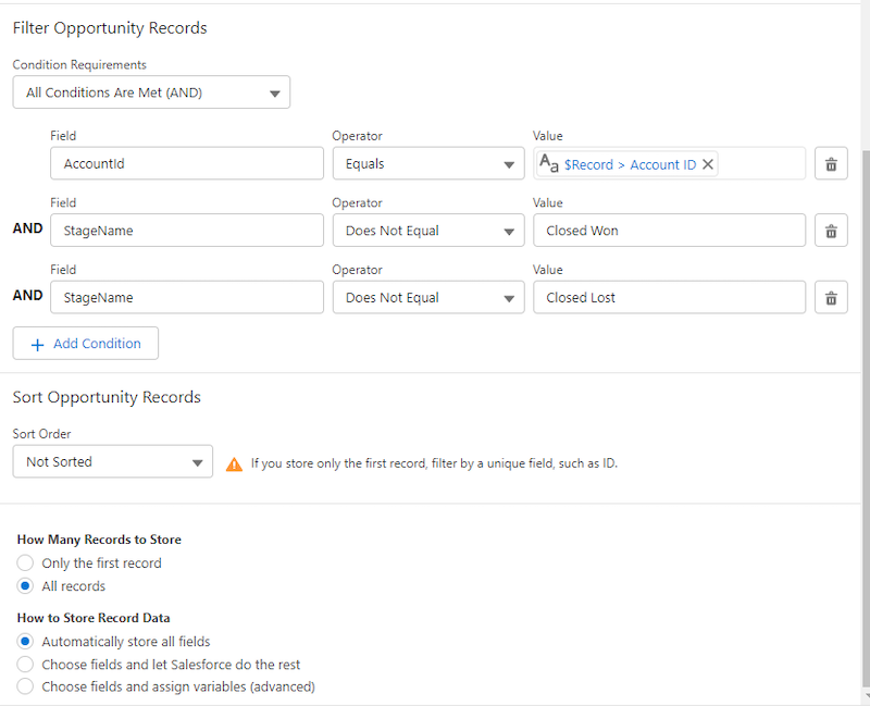 Configured Get Records to locate open opportunities associated with the Case’s account.