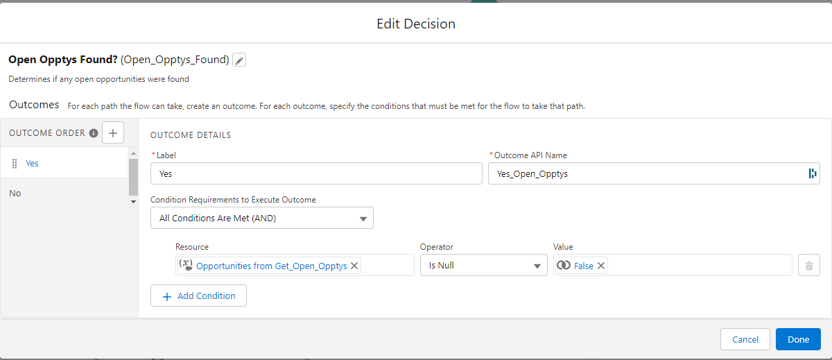 Configured Decision to check whether any open opportunities were found.