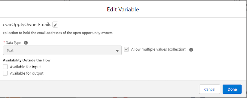 The cvarOpptyOwnerEmails collection variable to hold opportunity owner emails.