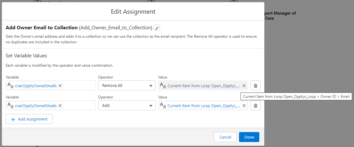 Configured assignment to remove duplicate emails and add the email to the collection variable.