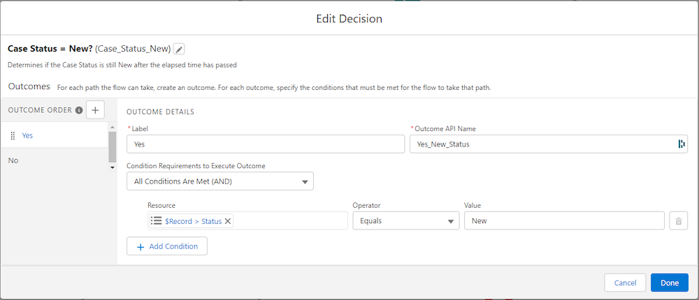 The configured Case Status = New? Decision element.