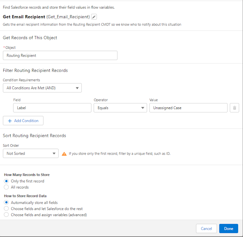 Configured Get Records to retrieve the CMDT routing recipient record.