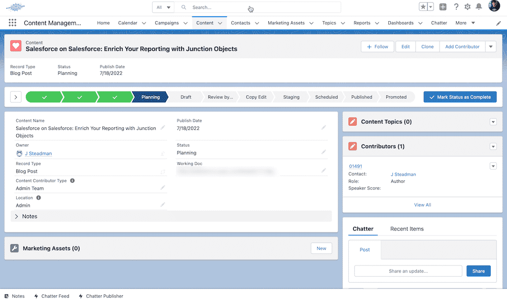 A Content record page from the Admin Relations Salesforce org.