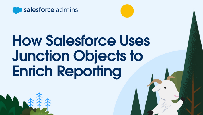 Cloudy standing next to text that says, "How Salesforce Uses Junction Objects to Enrich Reporting."