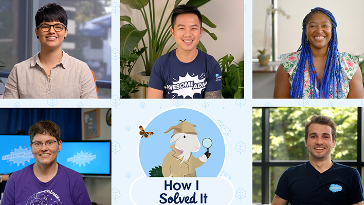 Madeleine Coutanceau, Tony Nguyen, Karmel James, Sarah Pilzer, and Andrew Russo in our new Salesforce+ series, "How I Solved It."