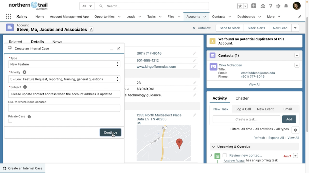 Account Details page with Create an Internal Case in the utility bar open.