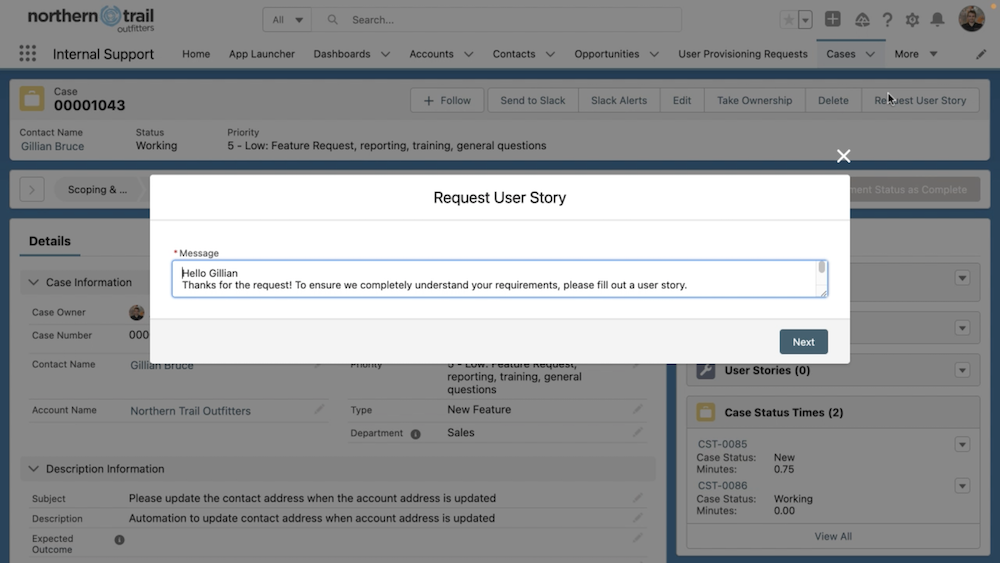 Case record page with New User Story action button and Request User Story modal.