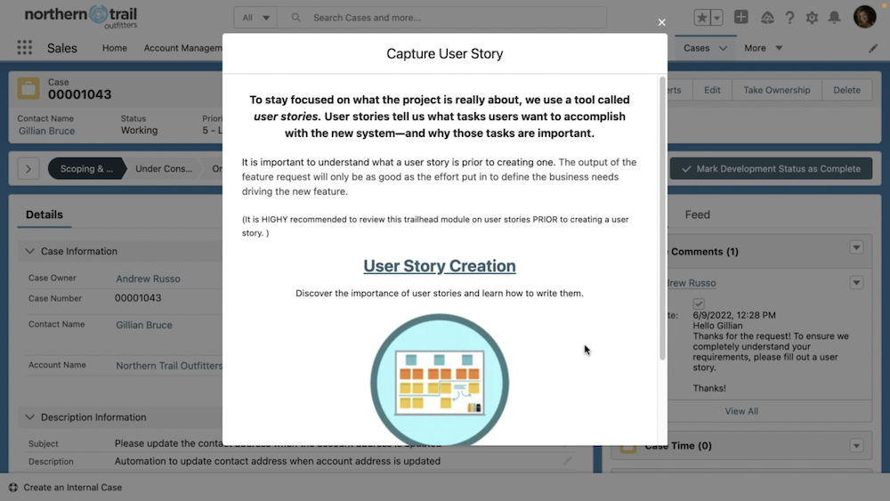 Capture User Story screen flow modal displaying instructions on how to submit a user story along with link to User Story Creation Trailhead module.