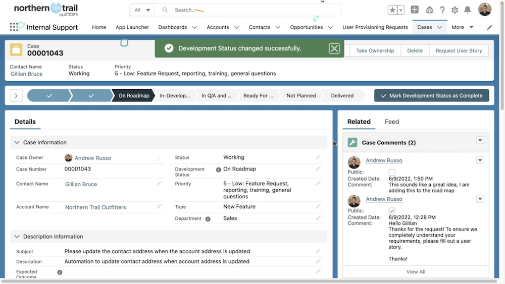 Case record page with On Roadmap highlighted on the path component.