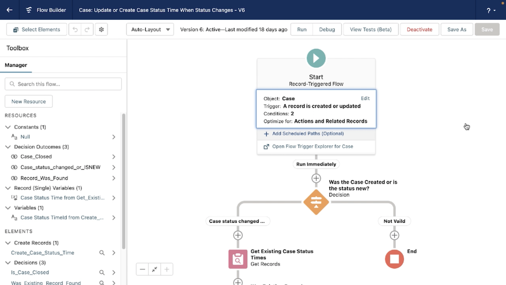 Flow canvas open showing record-triggered flow on the Case object.