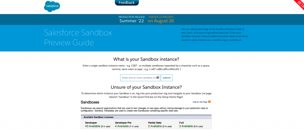 The Salesforce Sandbox Preview Guide with the ability to search a sandbox instance.