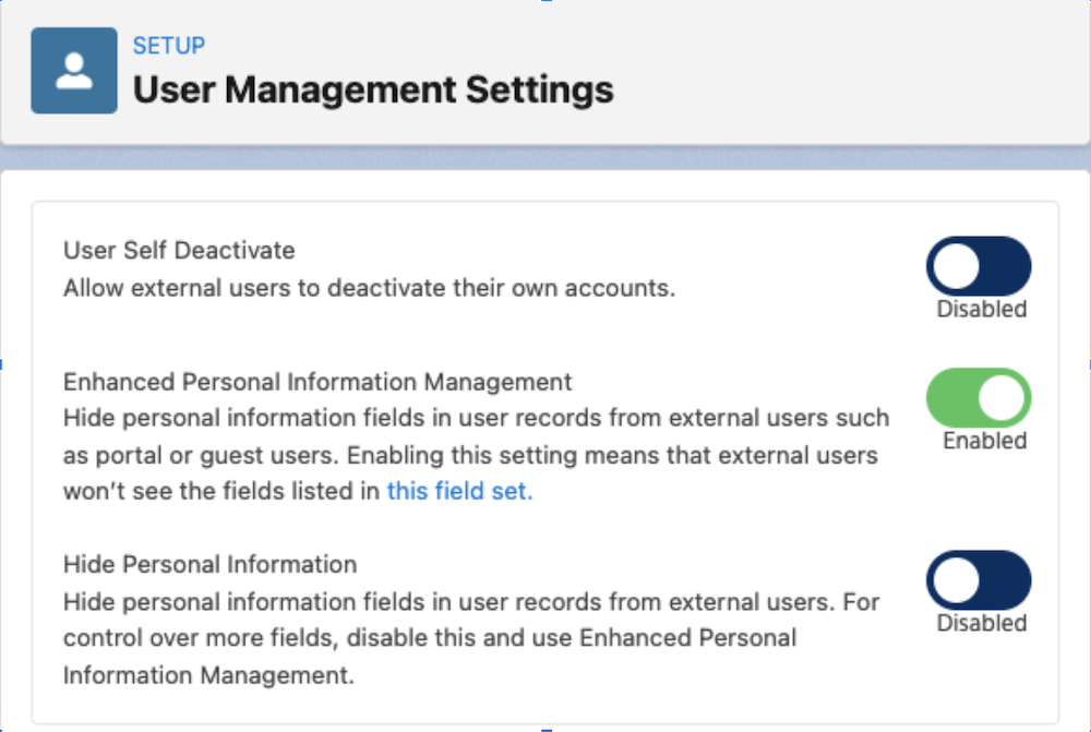 User Management Settings page.