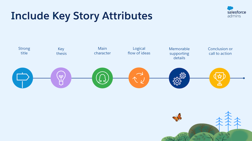 Slide outlining six key story attributes. 