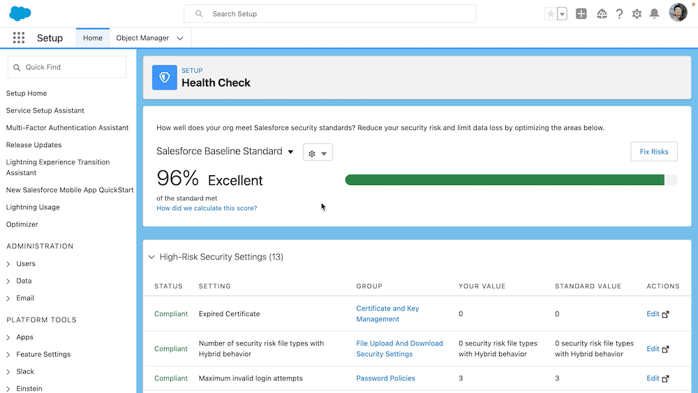 Health Check screen showing 96% Excellent score.