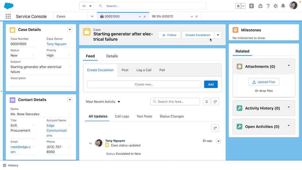 Case record page showing Create Escalation dynamic action button in top right.