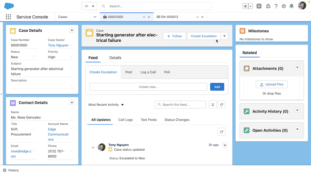 Escalation record page open in App Builder canvas showing dynamic field component visibility for Escalation Details section to only Escalation Manager profile.