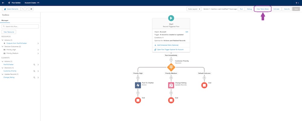 The View Test (Beta) button highlighted in Flow Builder.