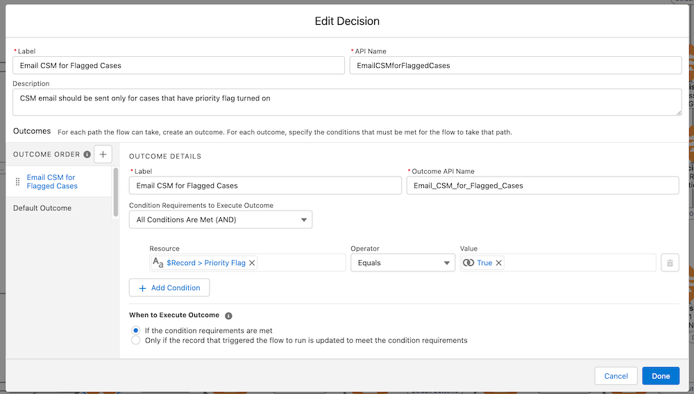 Decision element checking if Priority Flag on the Case record is set to True.