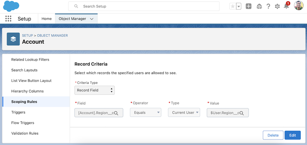 Setup > Object Manager > Account > Scoping Rule.