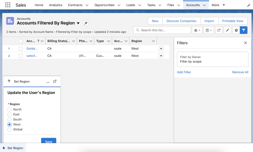 User using Lightning Utility Bar with flow, adjusting a user’s region.