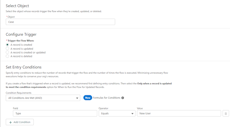 Configuring the Flow Start Criteria.