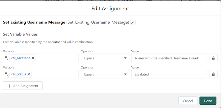 Setting the existing username message on the Edit Assignment page.