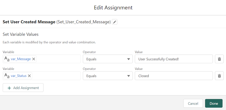 Setting the user created message on the Edit Assignment page.