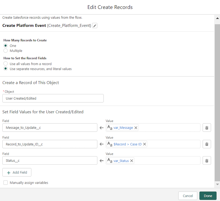 Setting the values for the Create Record Element.