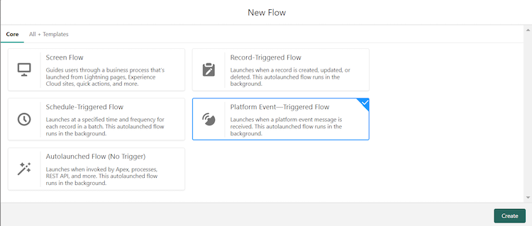 Selecting a Platform Event-Triggered Flow.