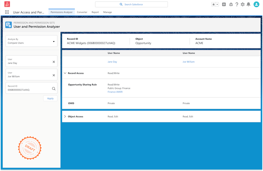 Draft example of the User and Permissions Analyzer.